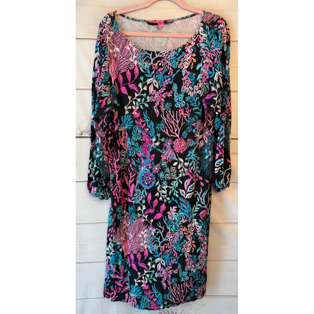 Lilly Pulitzer Etta Dress Womens M Black Floral Coral Print Long Sleeve Shift
